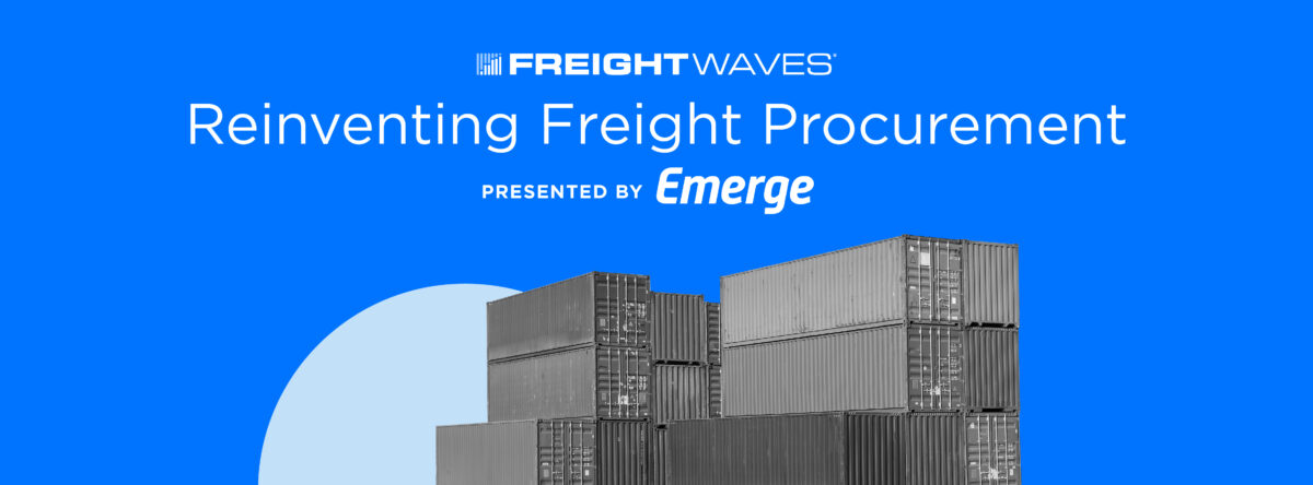 Shipping containers with the FreightWaves and Emerge logos