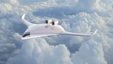 Rendering of a space-age cargo jet in the clouds.