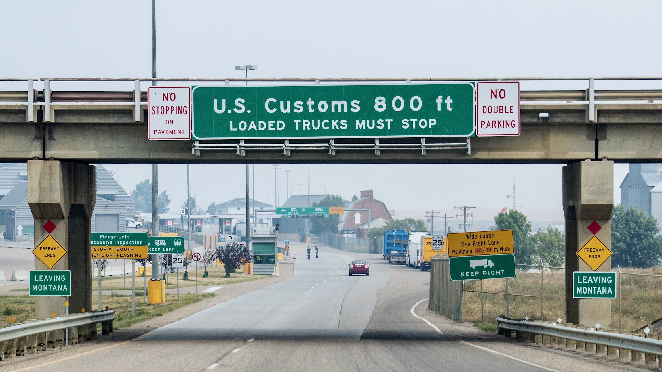 The view from the U.S. side of the border crossing linking Sweet Grass, Montana and Coutts, Alberta.