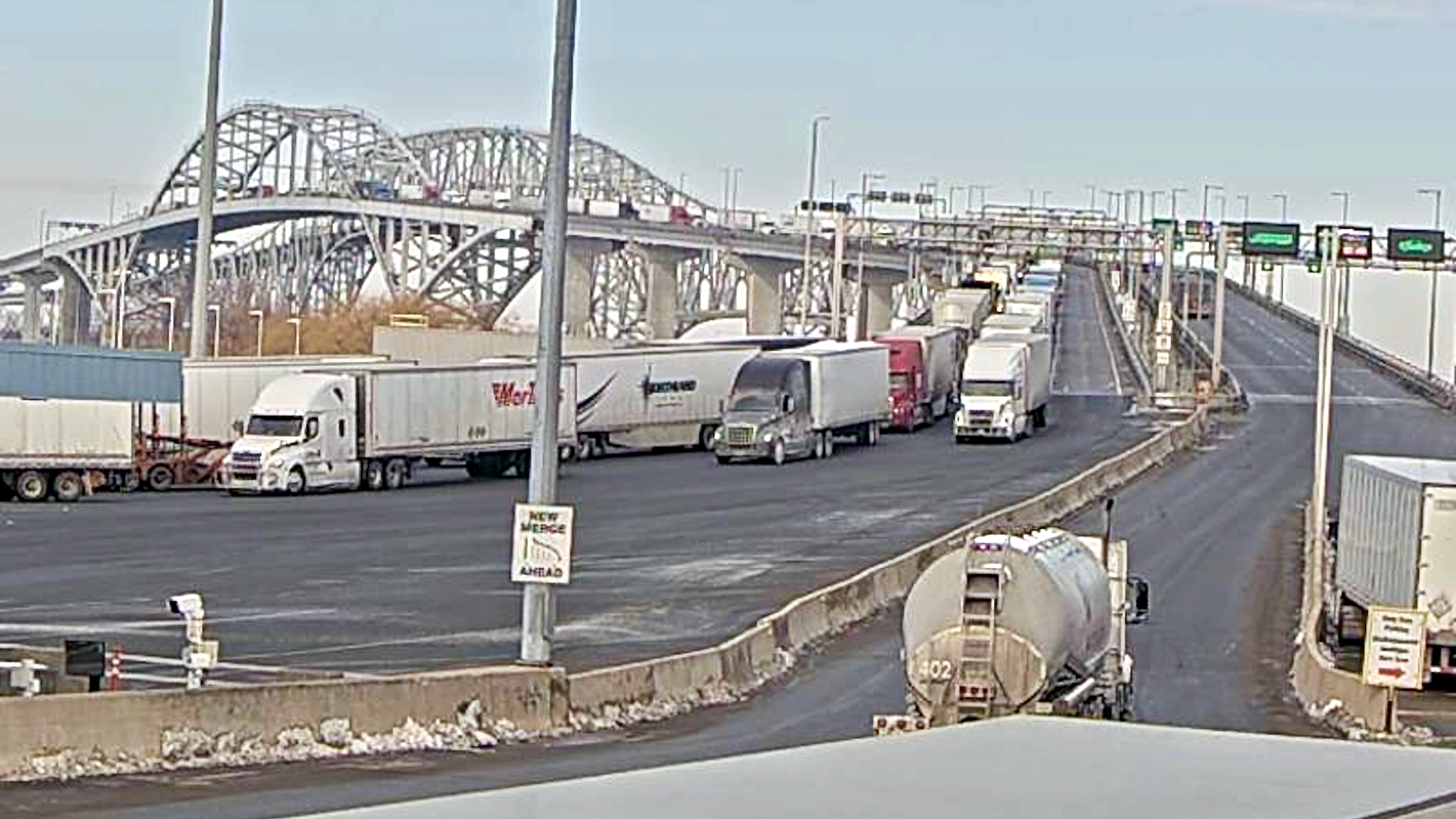 Trucks backed up at the Blue Water Bridge US-Canada border crossing.