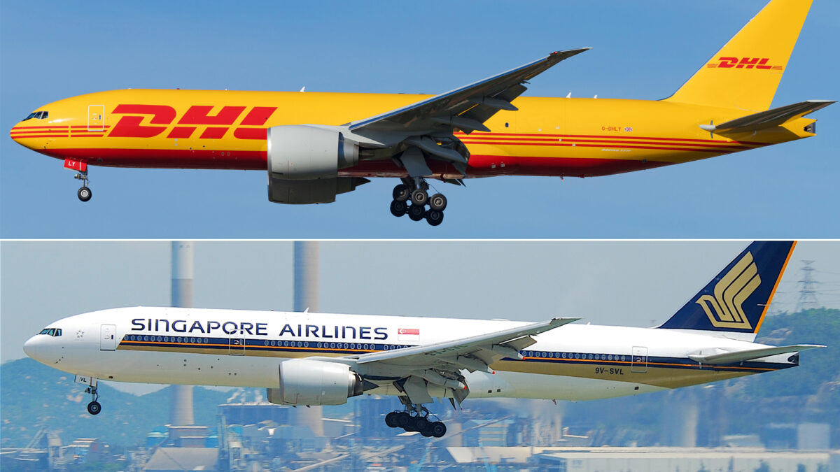 A mustard DHL plane and a white Singapore Airlines plane in a split screen.