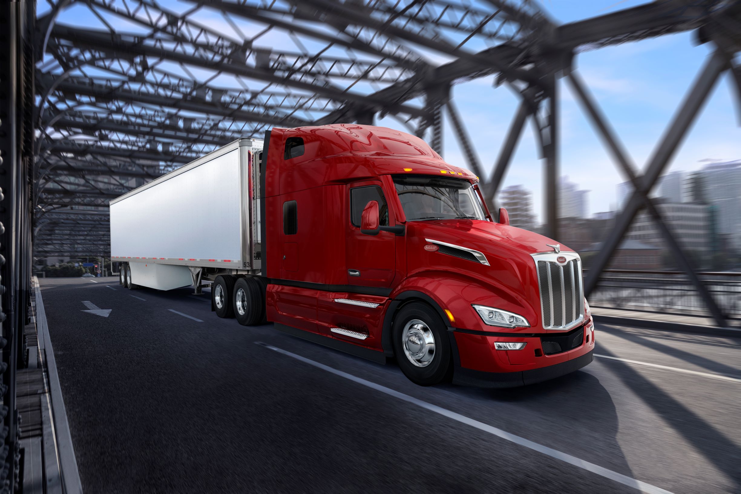 The Peterbilt Model 579 drives across a bridge