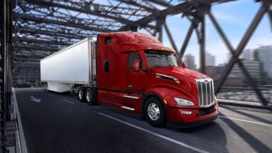 The Peterbilt Model 579 drives across a bridge