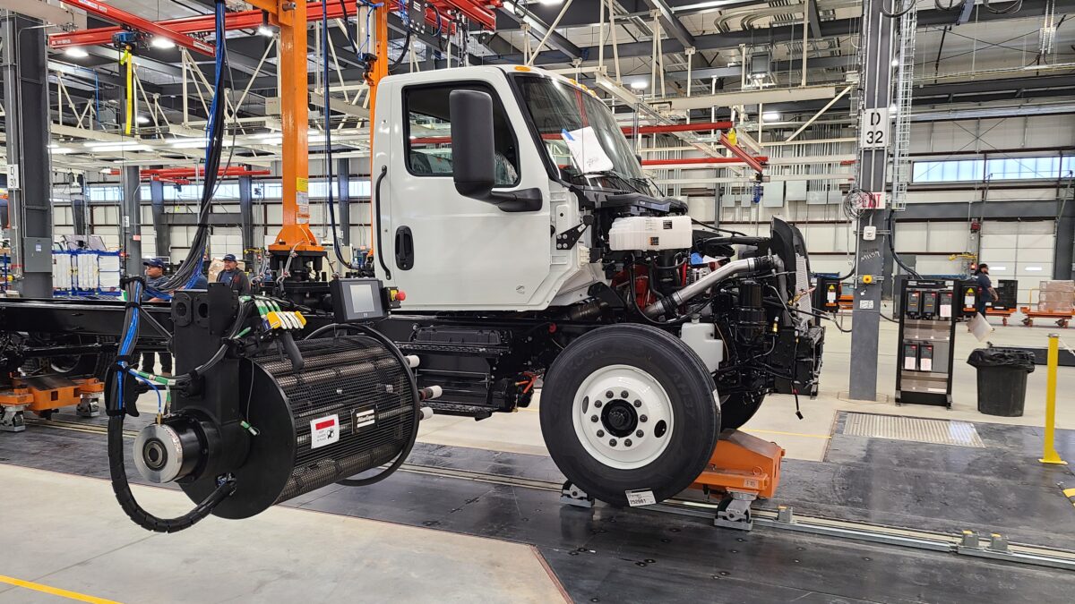 Partially build Navistar truck on plant assembly line in San Antonio.