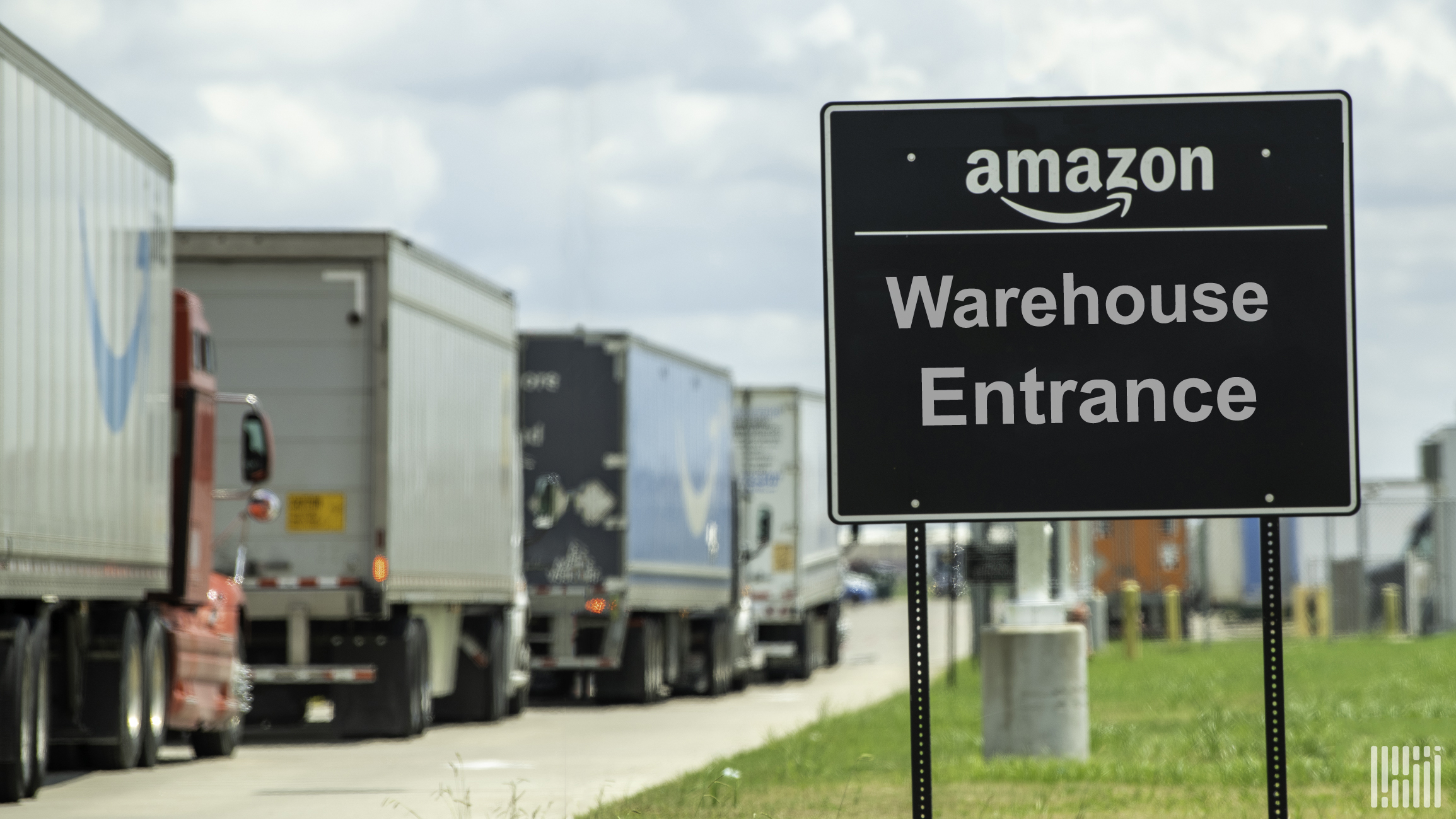 An Amazon warehouse sign outside one of the many Amazon facilities that could unionize in the coming months