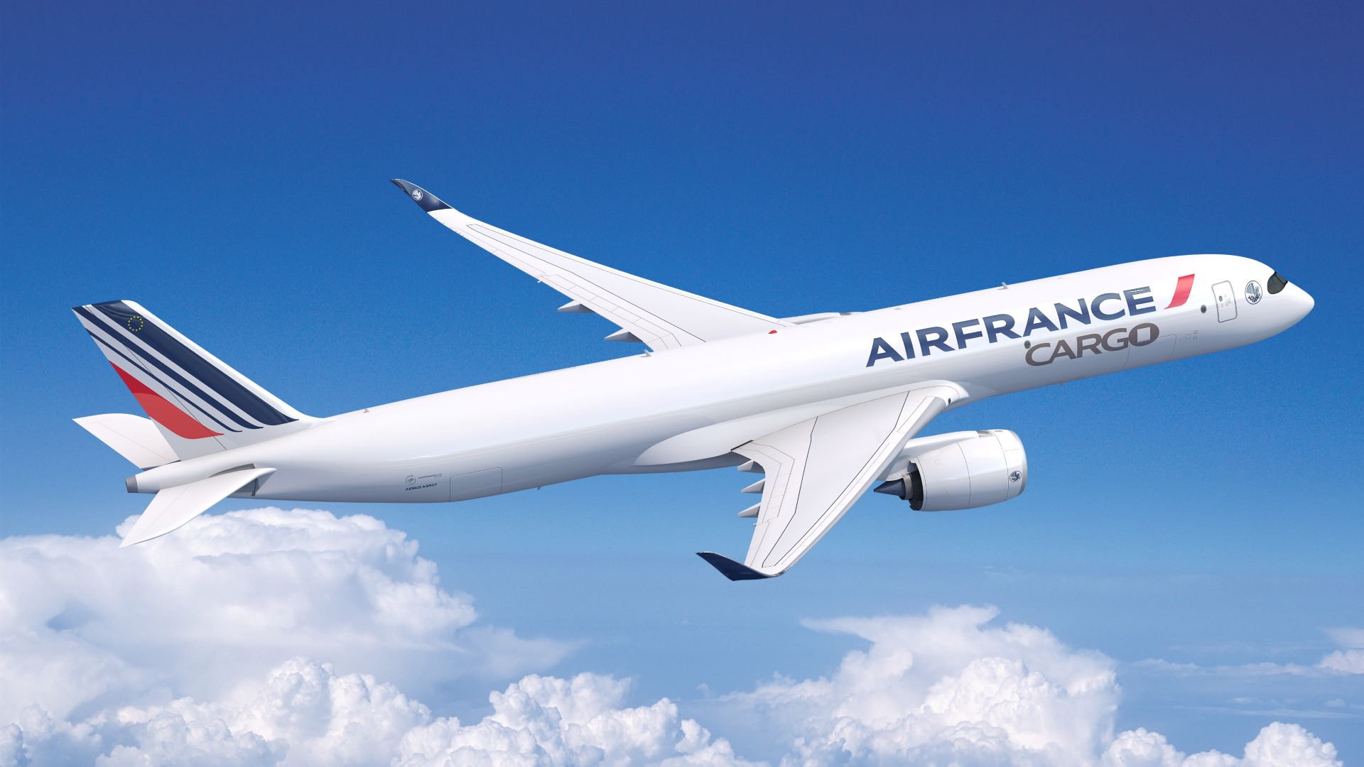 A white Air France-KLM Cargo jet against a blue sky with clouds. The airline is one of the new customers for the A350 freighter.