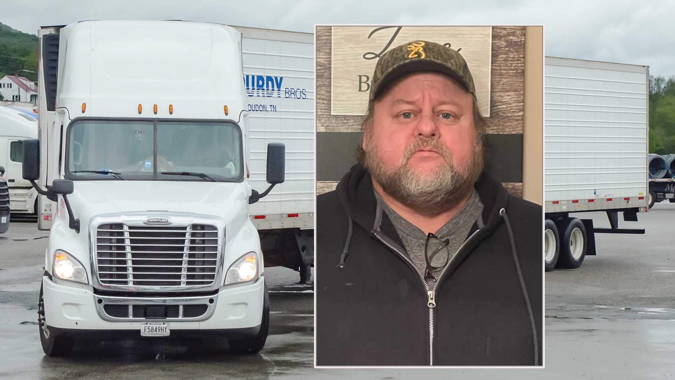 Composite photo of trucker Charles Bearden and a Purdy Brothers tractor-trailer.