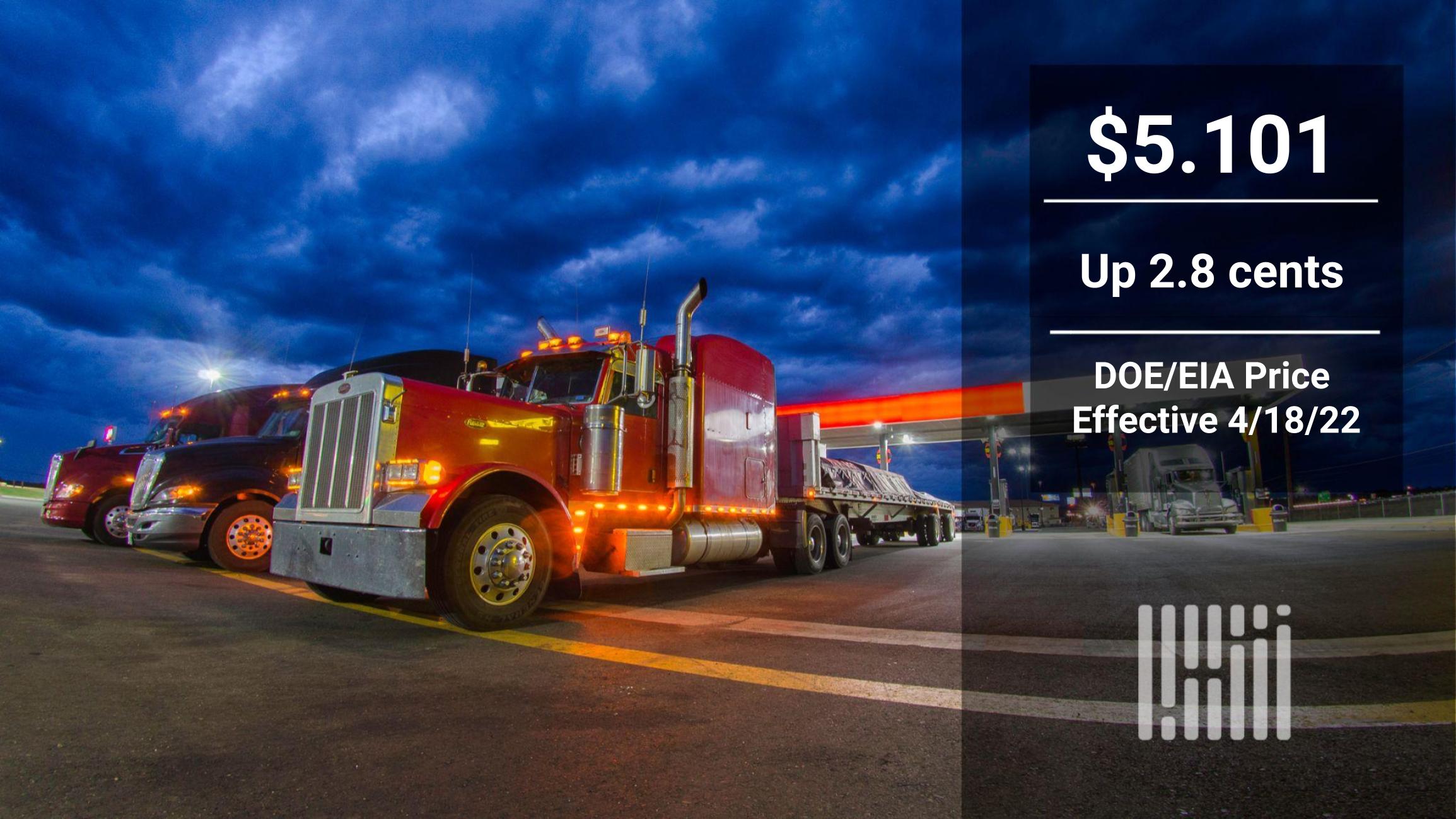 Two red commercial trucks are parked, while text is overlayed showing $5.101 to indicate the price of retail diesel.
