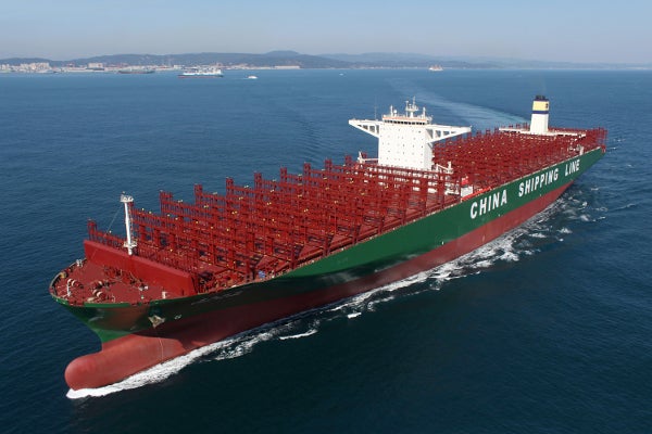 A containership that says China shipping line on it.