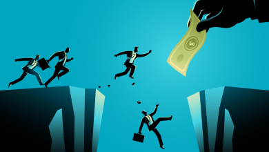 An illustration showing in men in suits running off a cliff in pursuit of a hand dangling a dollar bill, illustrating a Ponzi scheme.