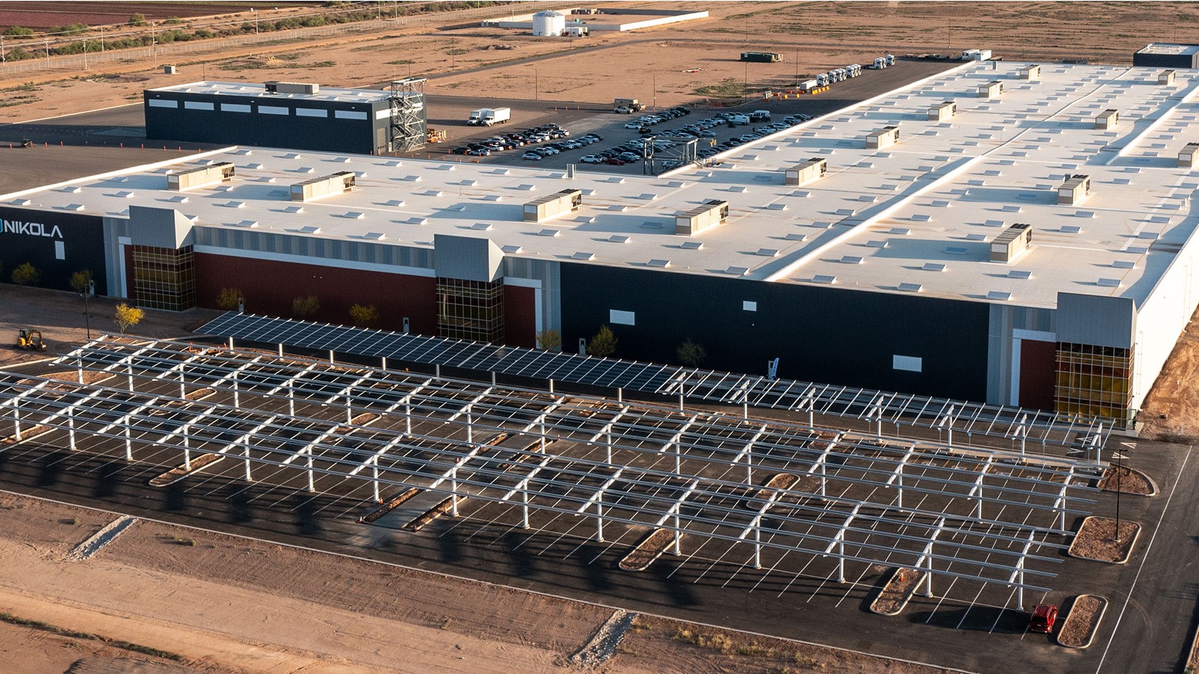 Aerial view of Nikola plant with solar panels