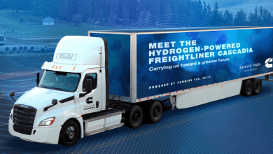 Rendering of Freightliner Cascadia with trailer advertising fuel cell capability