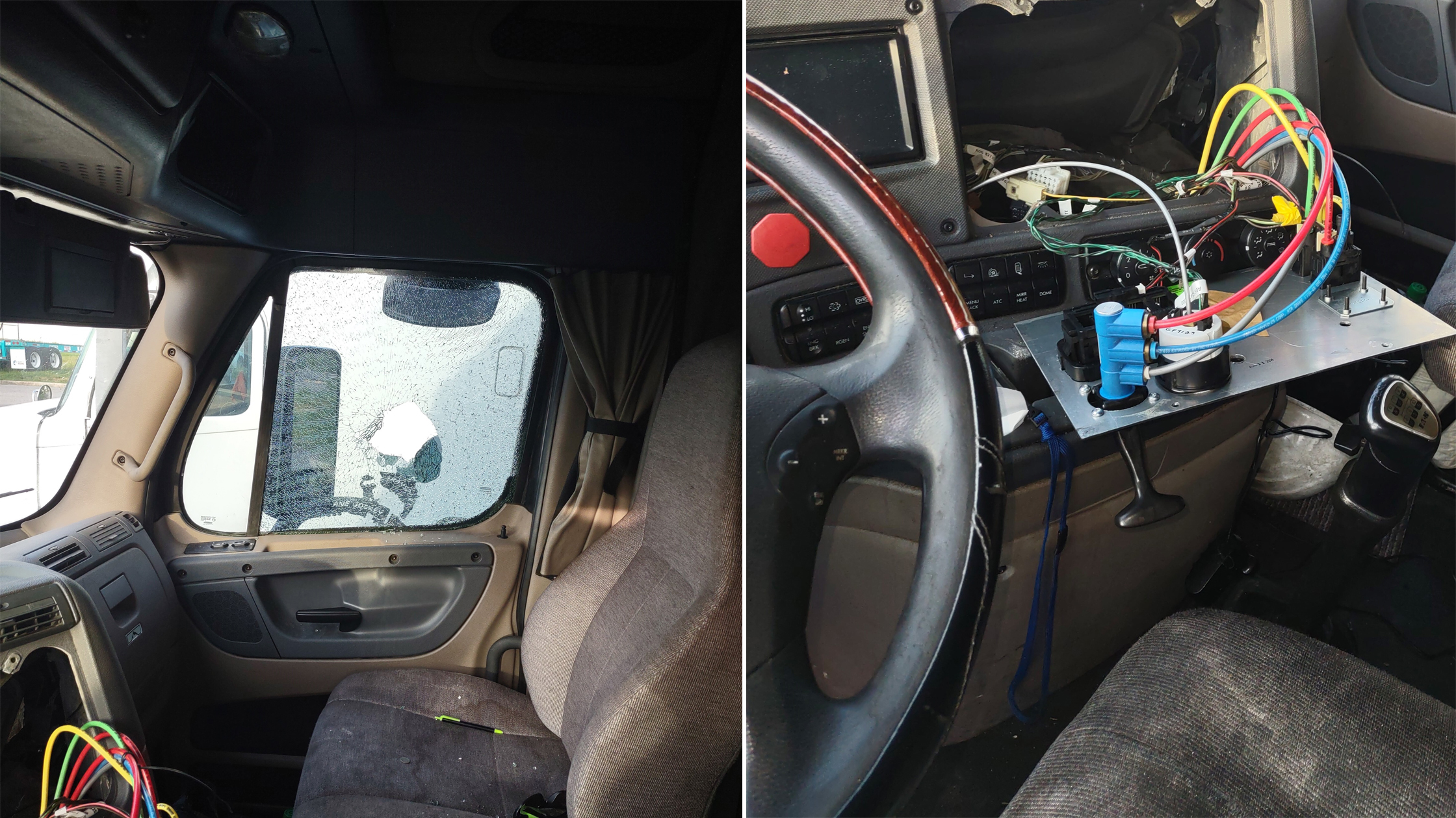 Combo of damaged interior of Freightliner Cascadia with the computer brain removed.
