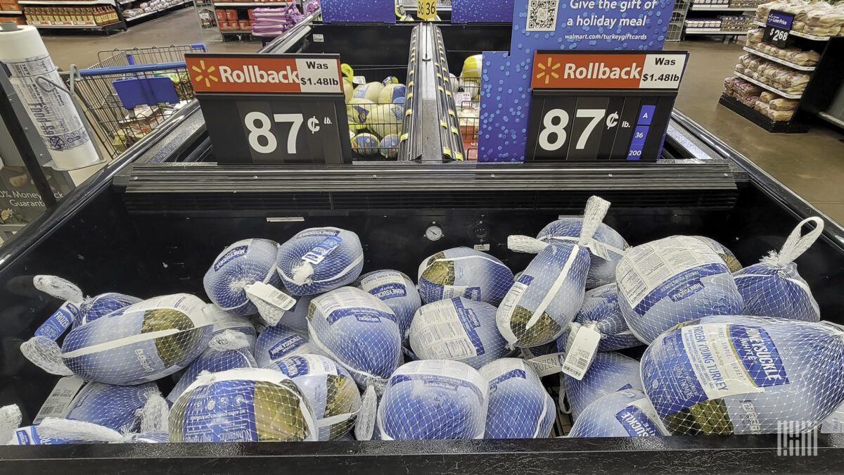 Turkeys are stocked in a freezer bin at a Walmart