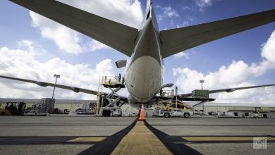 Rear view of a large jetliner from underneath the tail.