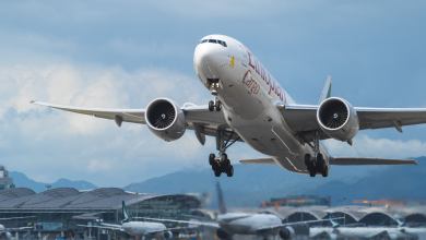 An Ethiopian Cargo 777 freighter takes off at Hong Kong International Airport.