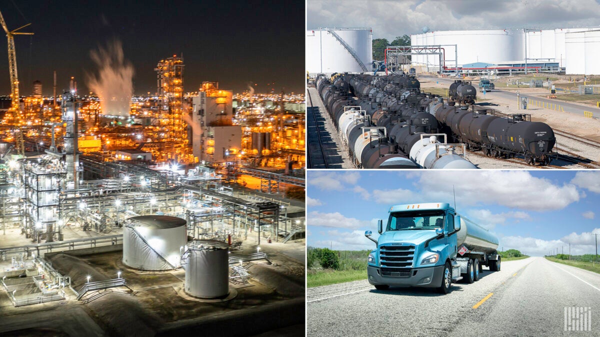 Three images showing a refinery, rail tanker cars and a tanker truck