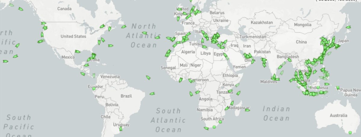 Locations as of Tuesday of all the container ships in the world built 25 or more years ago.