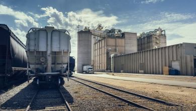 A parked grain train waits at a grain elevator.