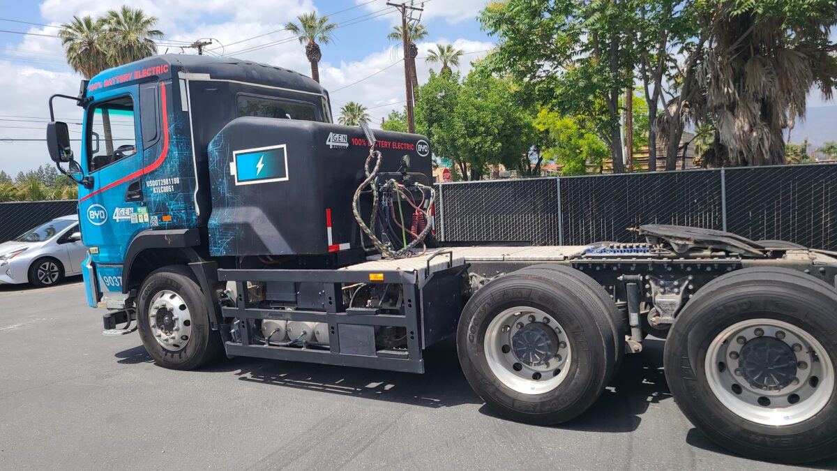 A BYD electric truck exits a transfer point used by Embark Trucks for its autonomous runs from California to Arizona.