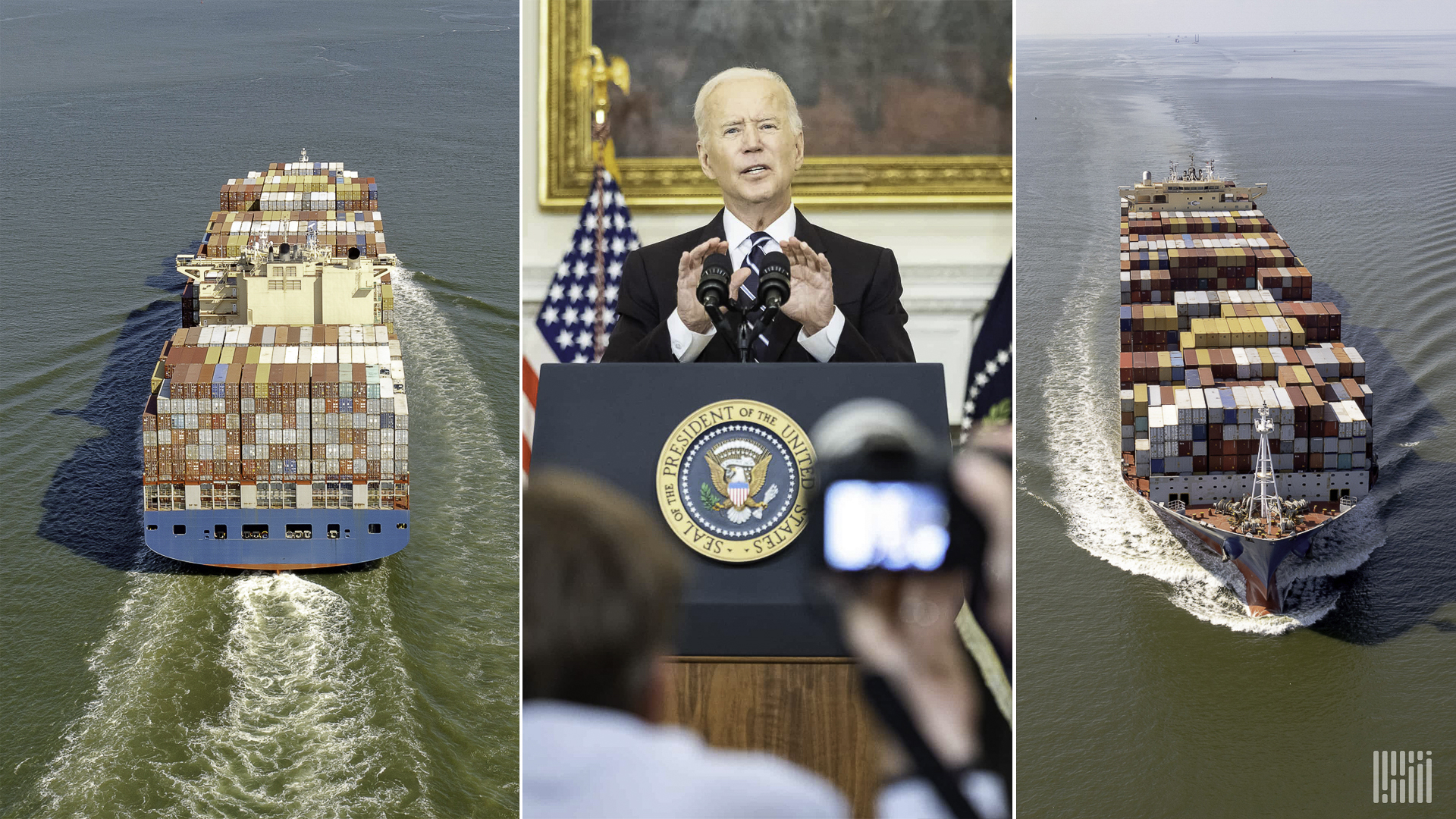 Biden speaking at White House and flanked by photos of container ships