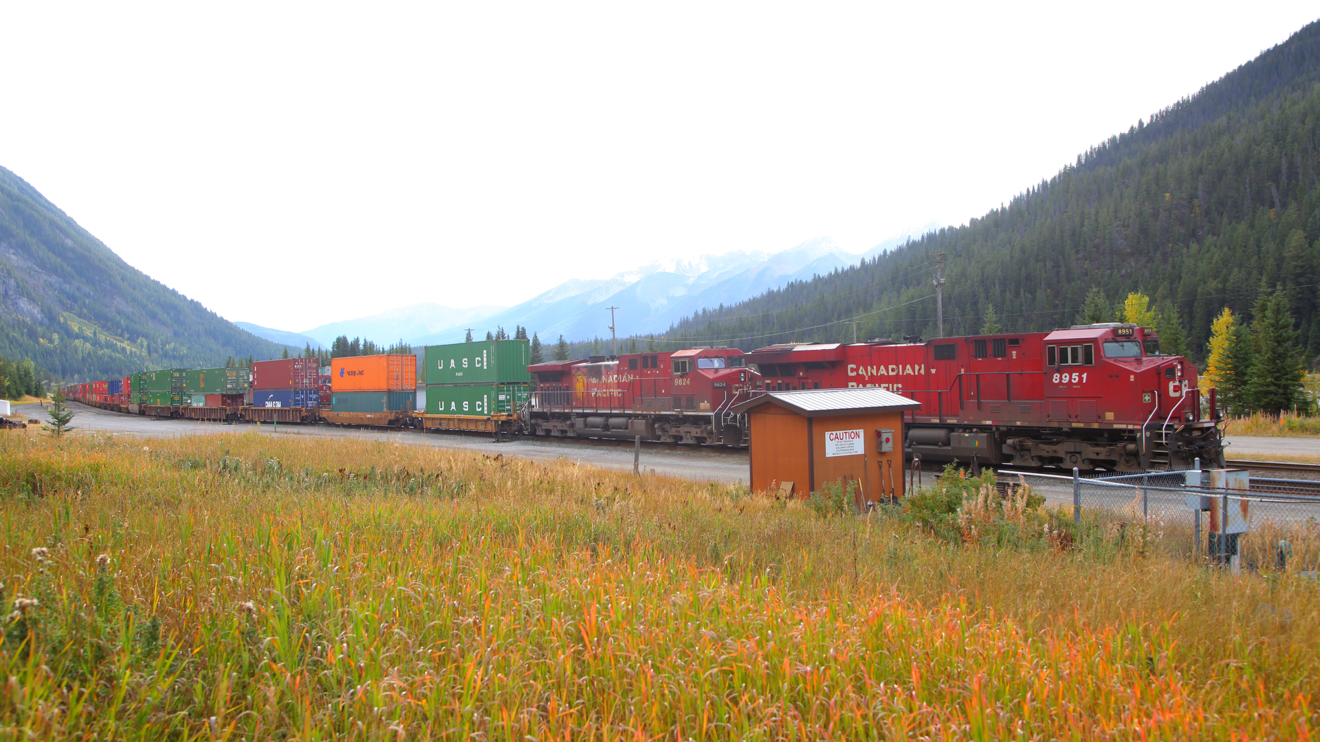 A Canadian Pacific train hauls intermodal containers across a field. A mountain range is in the distance.