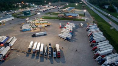 aerial view of trucks parked at a truck stop