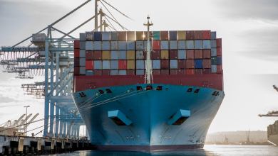Container ship docked at the Port of Los Angeles