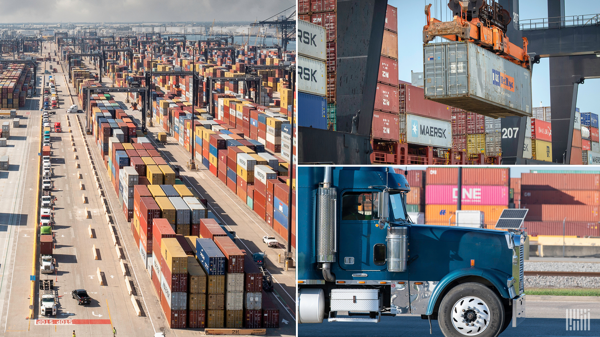 Composite image of cargo containers and trucks