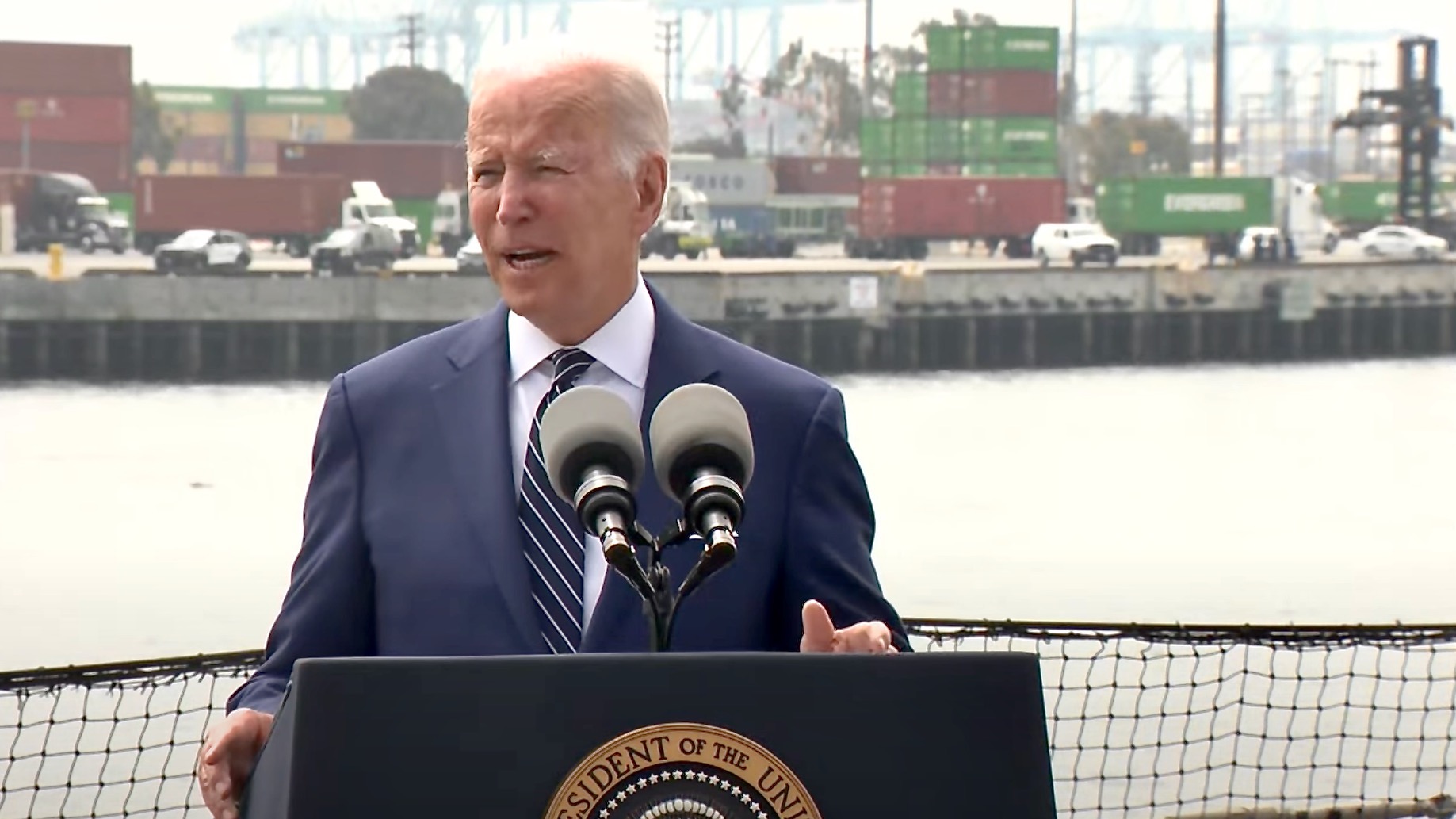 Biden speaking at the Port of Los Angeles on June 10.