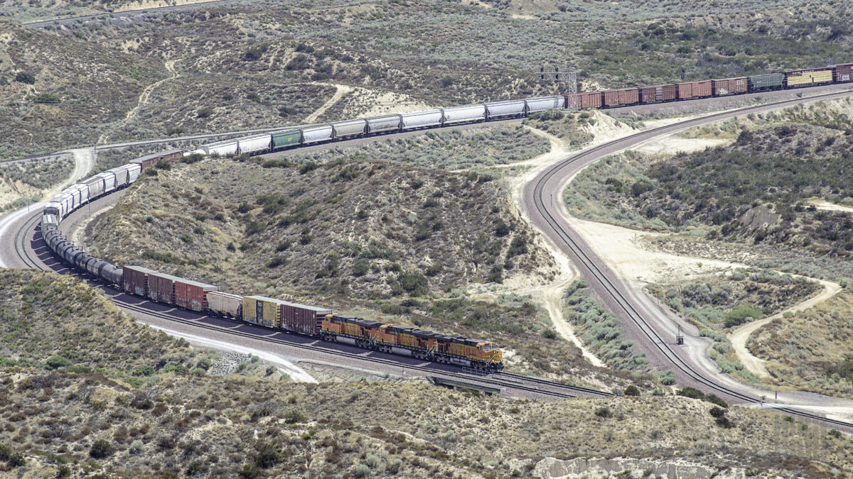 A BNSF train in the Cajon Pass in Southern California.