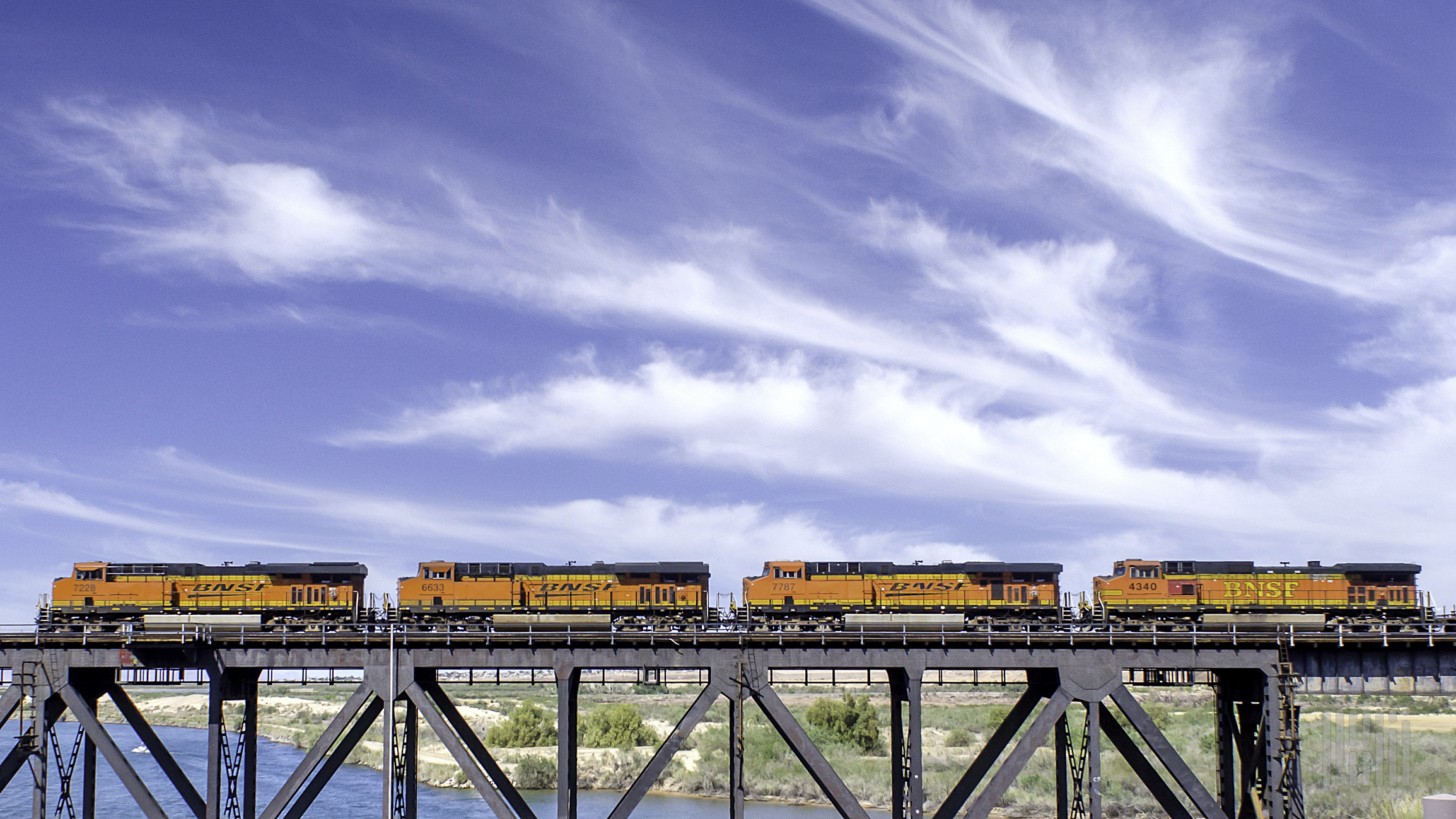 A BNSF engine above the Colorado River as it crosses into California.