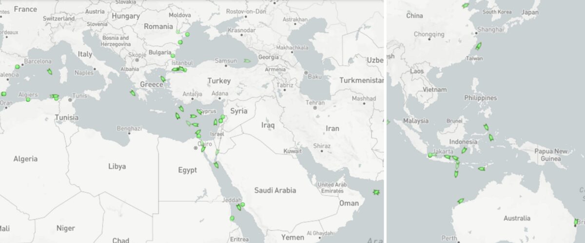 Maps showing positions of livestock shipping carriers