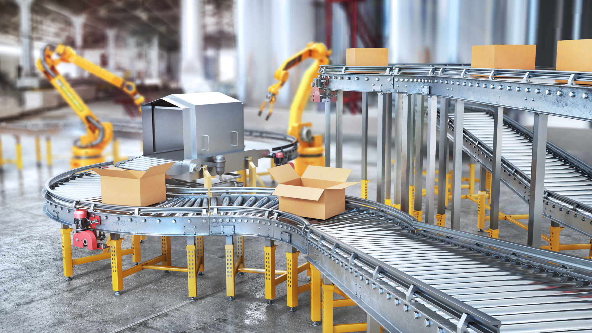 Robot arms grab items out of boxes moving on conveyor system