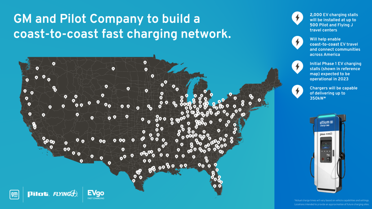 U.S. map in black with white dots showing locations of direct-current fast chargers planned by Pilot Co. and GM.