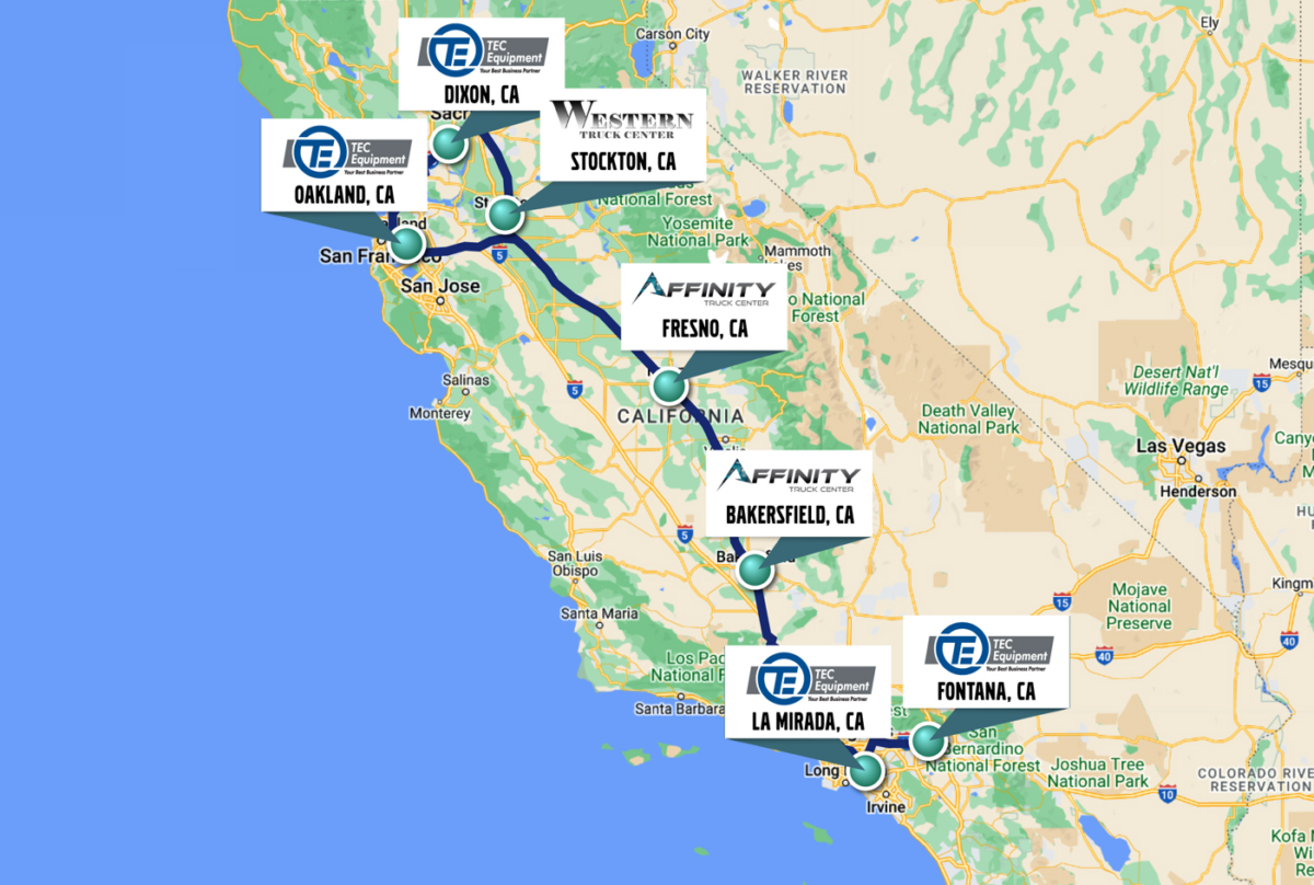 California map with callouts showing locations of future charging stations