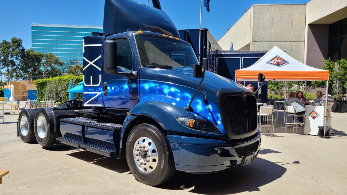 A blue Navistar RH model converted to run on batteries.