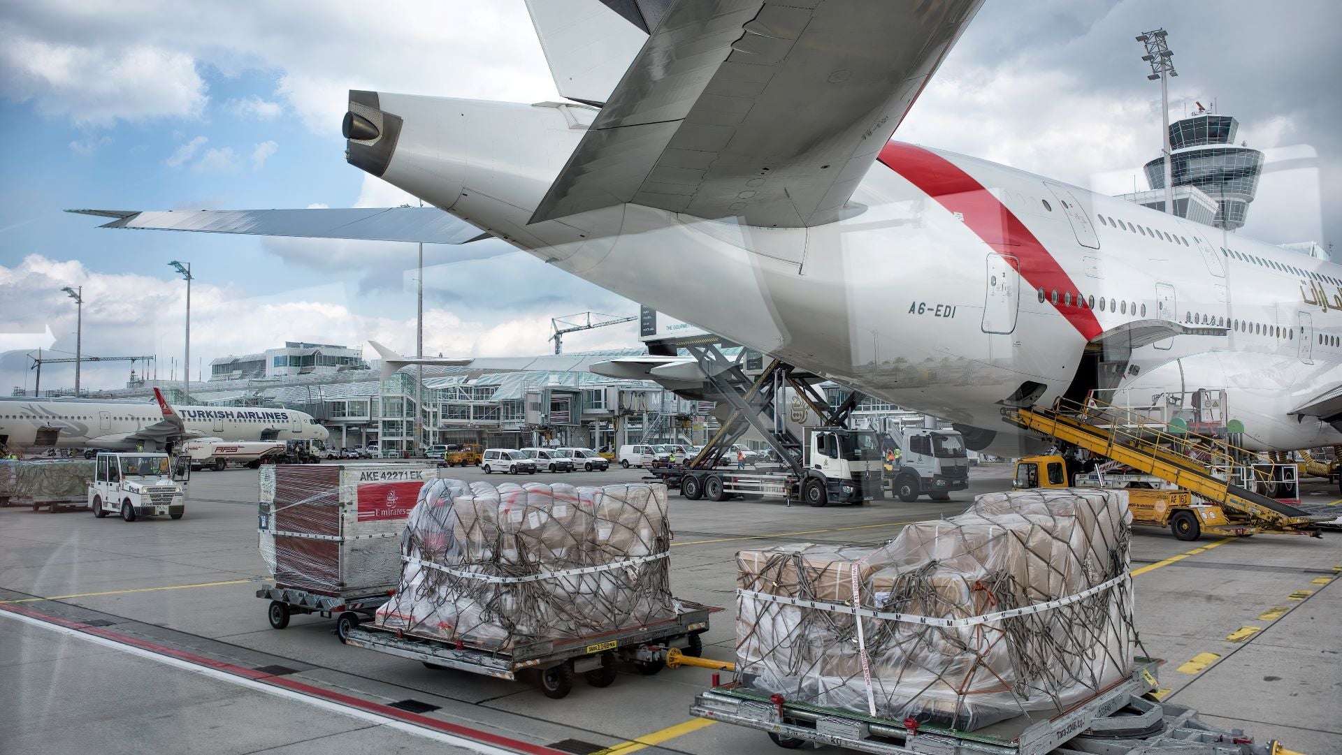 Cargo pallets on dollies behind the tail of a large jet parked at an airport.