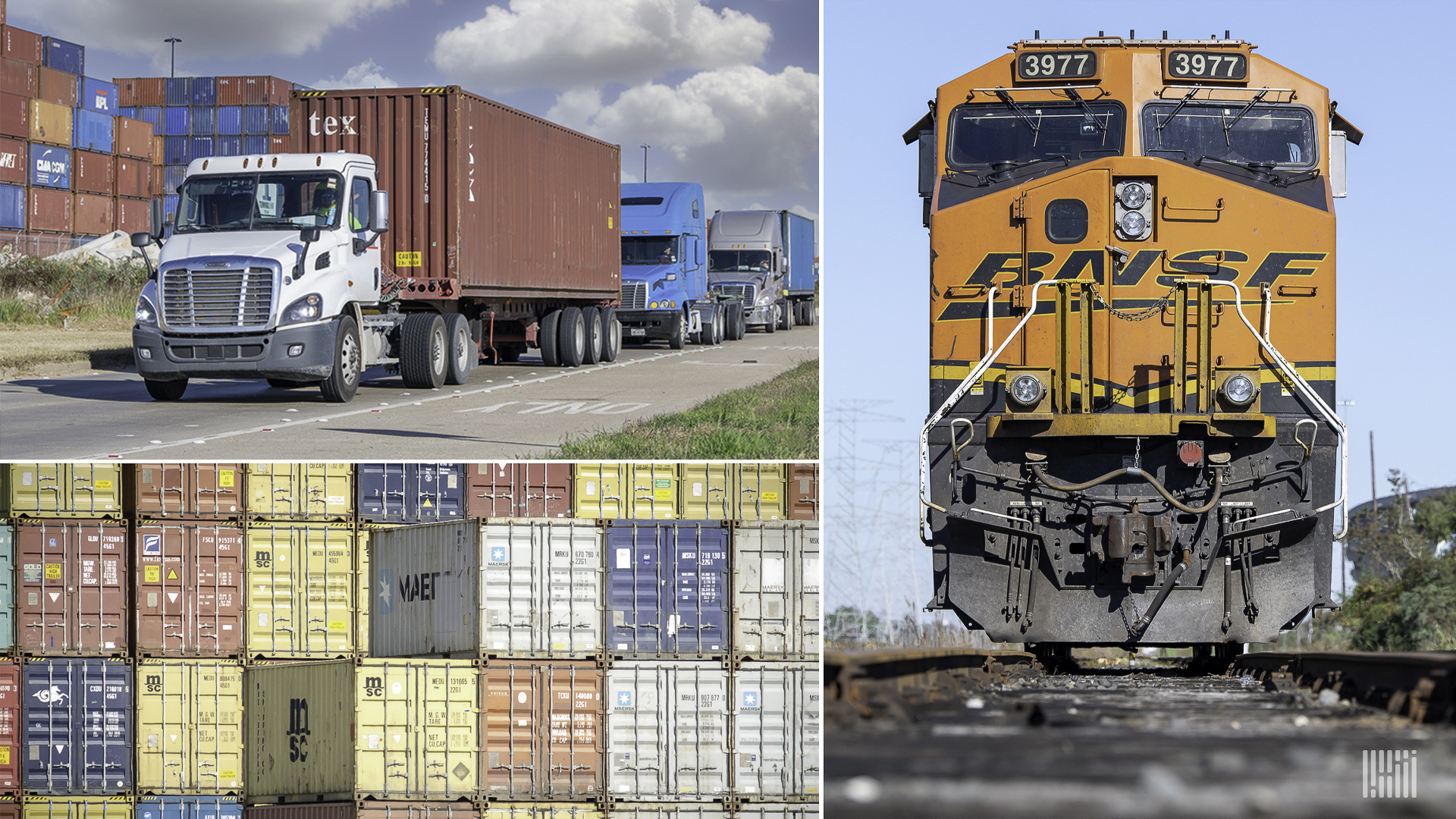 Stacked containers and locomotive