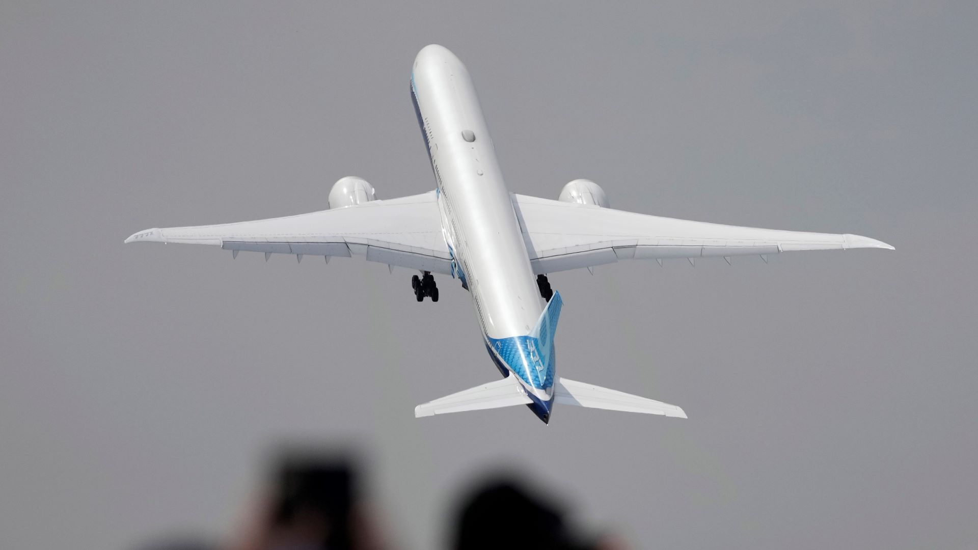 A large Boeing takes off a a sharp angle. View from behind.