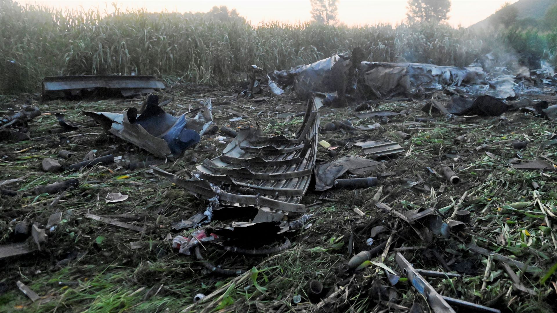 Smoldering wreckage of a cargo plane that crashed in Greece.