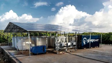 GivePower's Solar Water Farm Max is shown, which has a solar panel roof above a desalination system and water tanks.