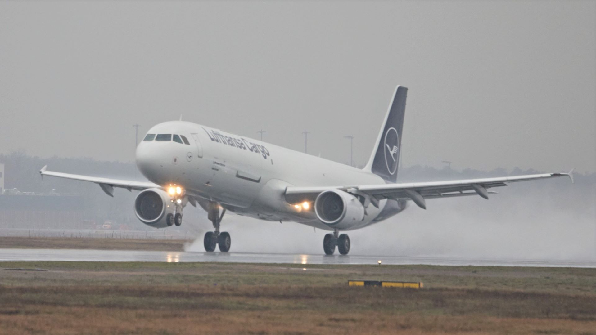 A white Lufthansa Cargo jet with a blue tail takes off on a rainy day.