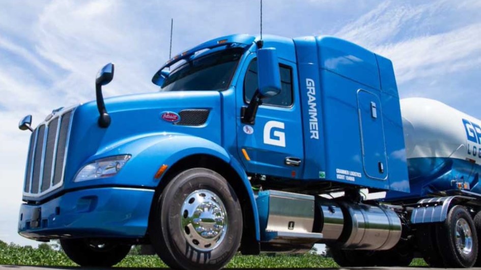 A blue Grammer Logistics tractor