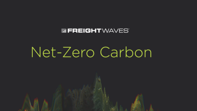 The logo for FreightWaves’ Net-Zero Carbon show has green trees with a black background.
