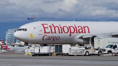 A large, white jet with Ethiopian Cargo label on the airport tarmac with loading equipment surrounding it.