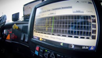 Truck cab electronic logging device.