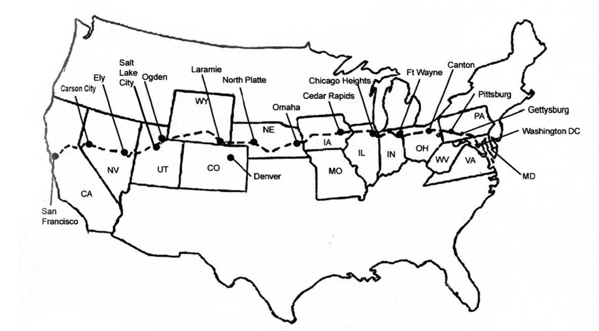 This map shows the route of the U.S. Army Cross-Country Motor Transport Train. The convoy went through 11 states and the District of Columbia. (Map: sweetwater.com) 
