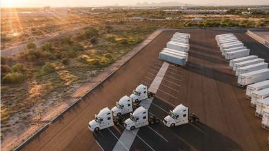 Aerial of TuSimple tractors and trailers