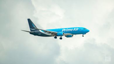 A powder-puff blue Amazon cargo jet in landing approach against cloudy sky.